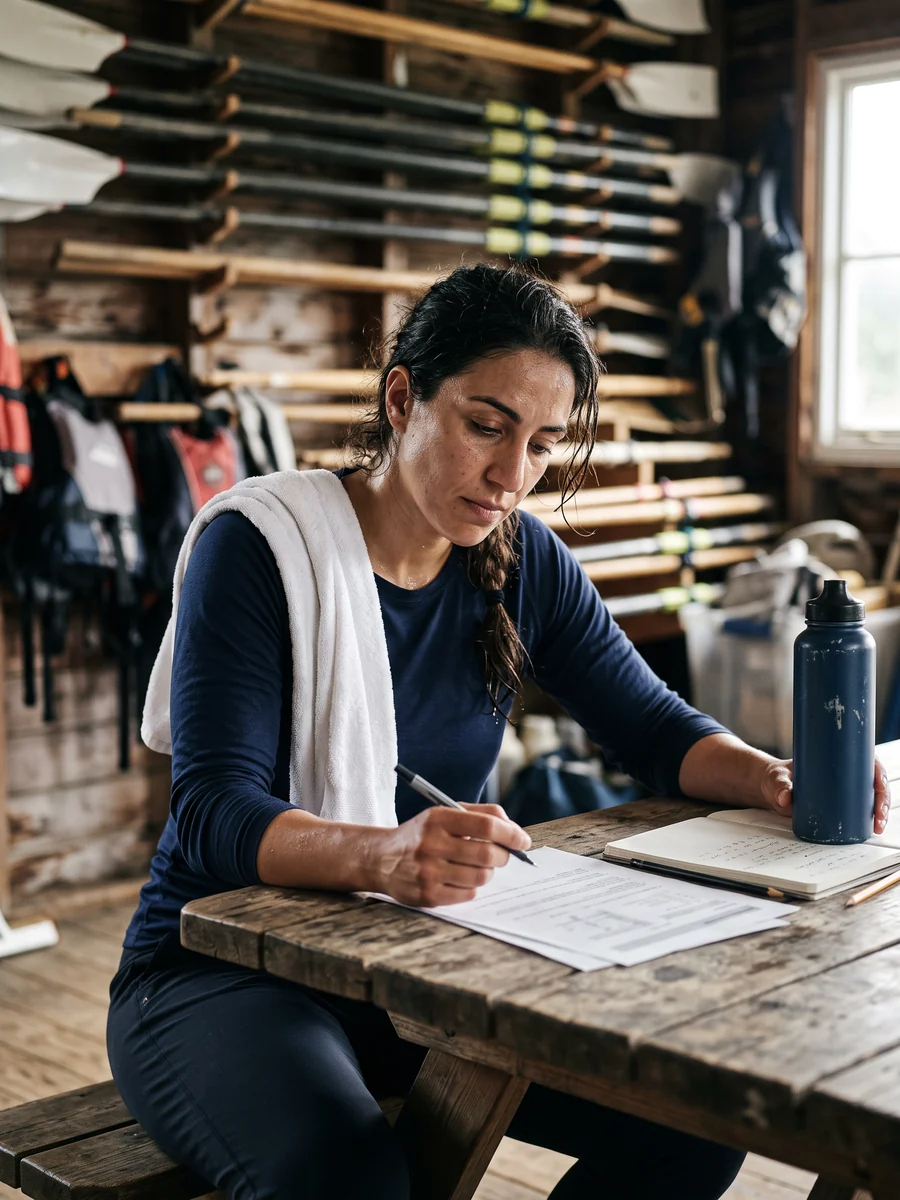 An athlete reading sports-science notes at a table after training